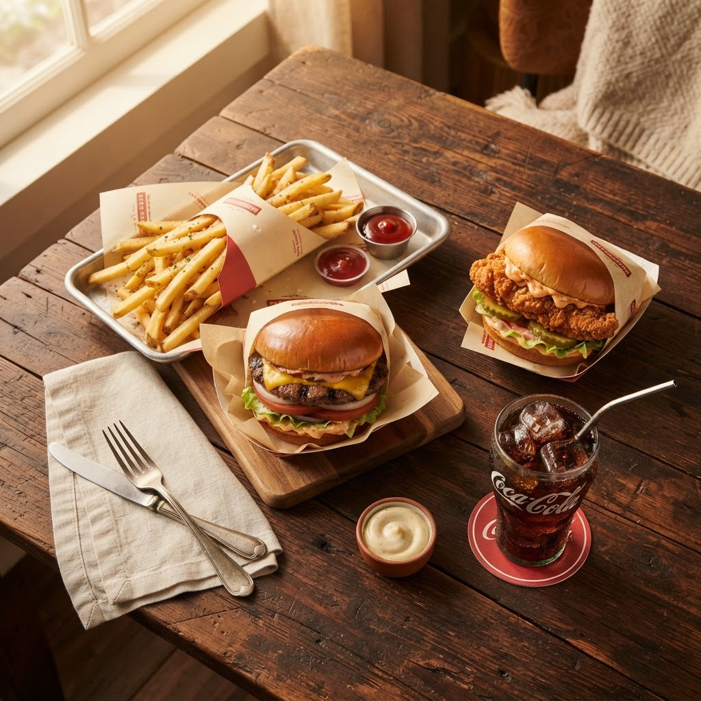 A spread of fast food favorites including a burger, fries, and a fried chicken sandwich